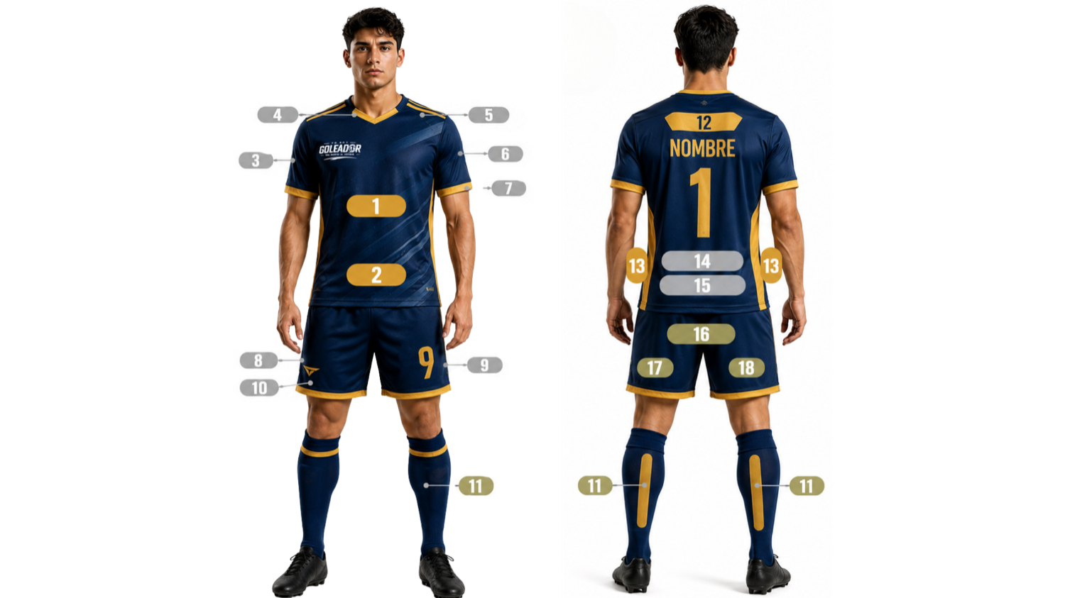 Uniforme oficial con 18 espacios de marca numerados, frente y espalda
