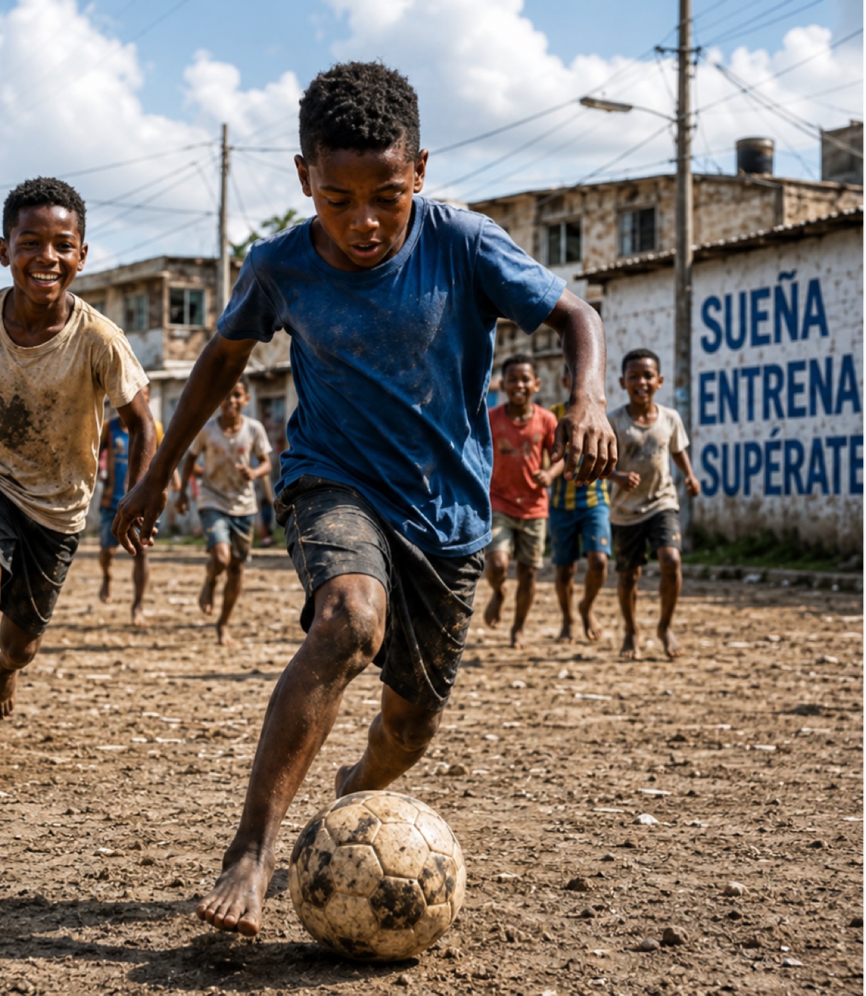 Niño jugando fútbol en el barrio